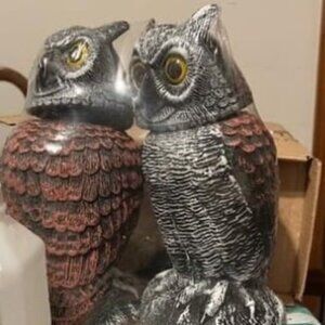 2 Pack Bird Scarecrow Fake Owl Decoy Sculpture, Rotating Head Plastic Owl